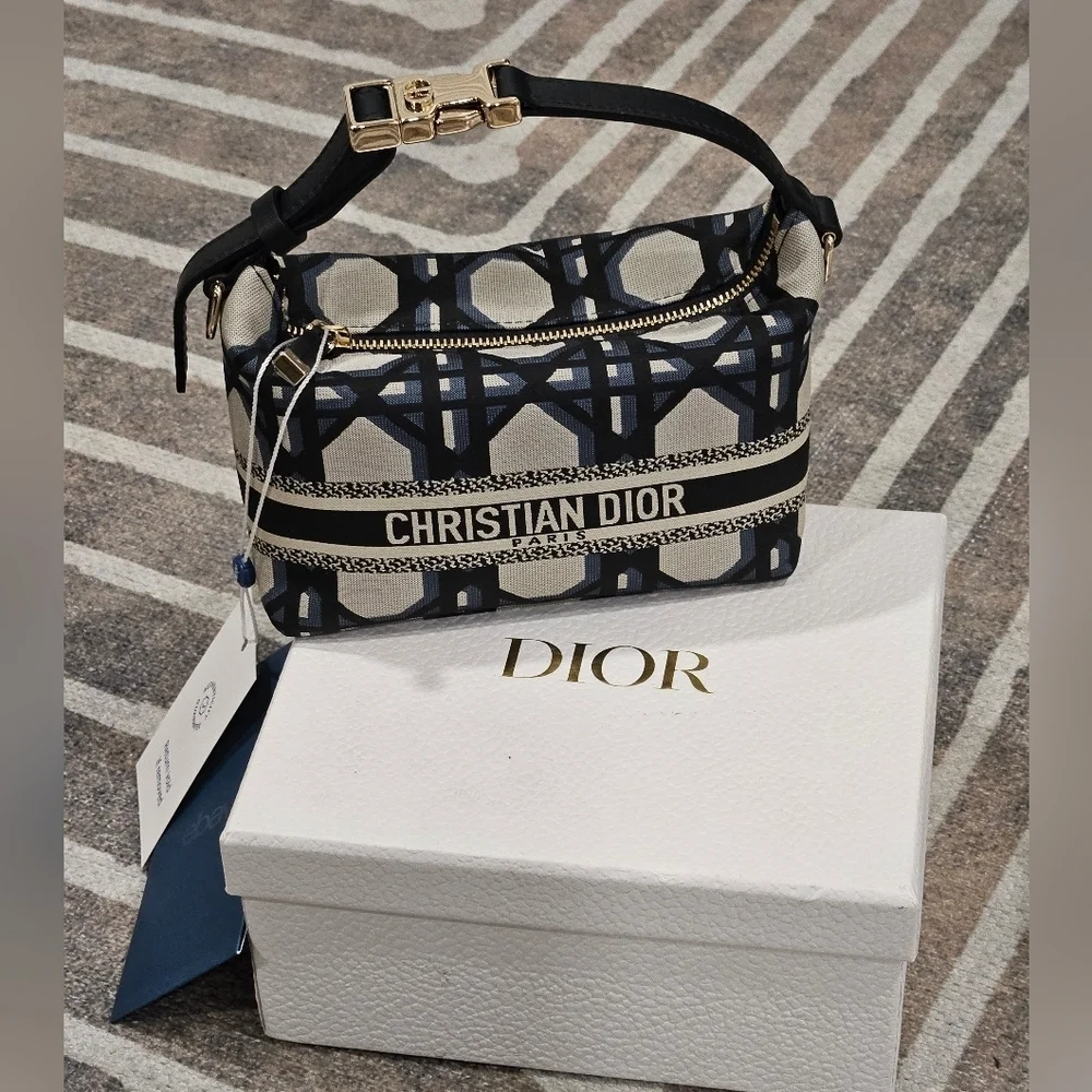 Authentic Christian Dior DiorTravel Nomad Pouch Small Blue Macrocannage Canvas